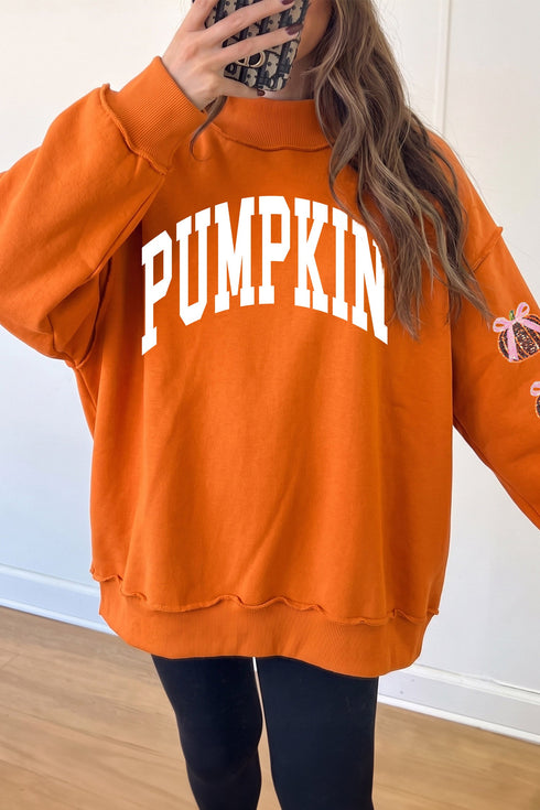 Mock Neck Sequined Pumpkin Applique Graphic Sweatshirt