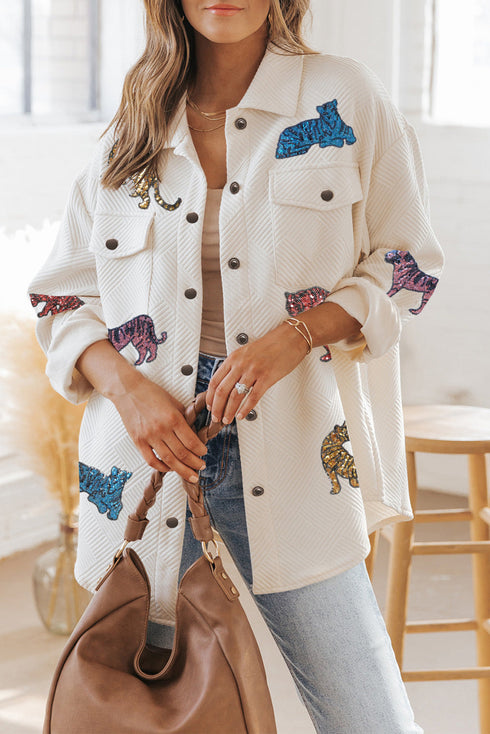 All Over Sequined Animal Print Textured Shirt Jacket