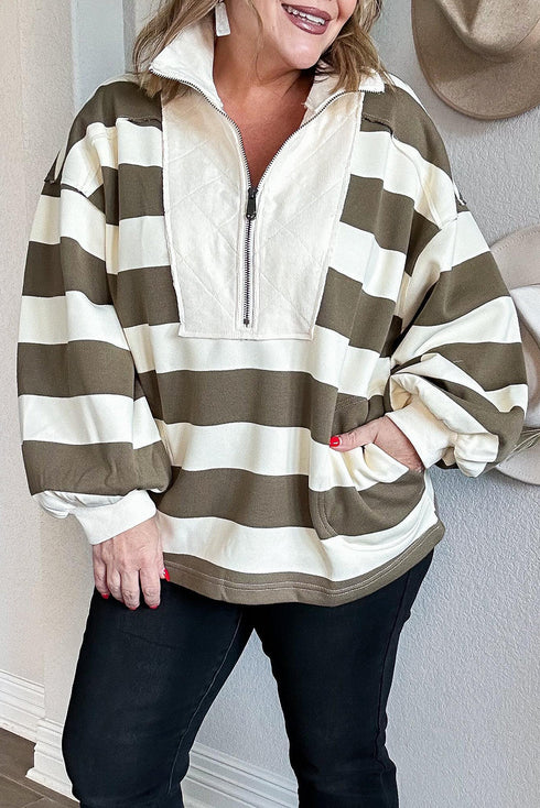 Striped Panel Half Zip Seamed Pullover Sweatshirt