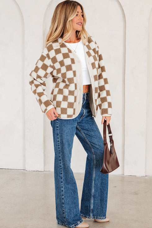 Checkered Print Chunky Sherpa Fleece Button Front Jacket
