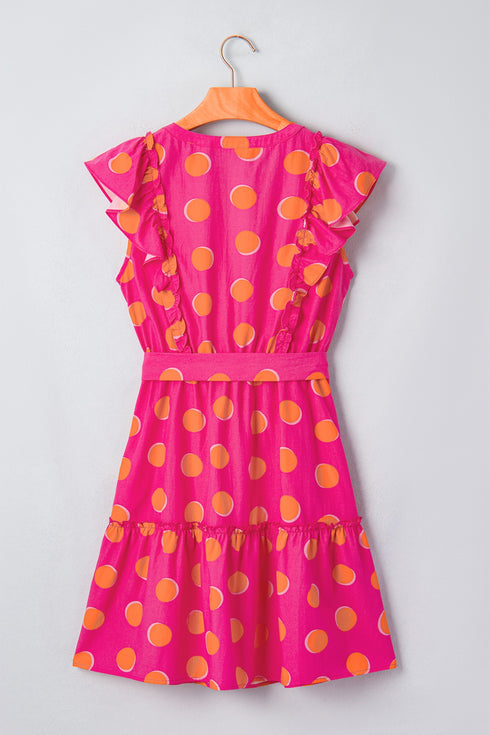 Polka Dot V Neck Ruffled A Line Mini Dress