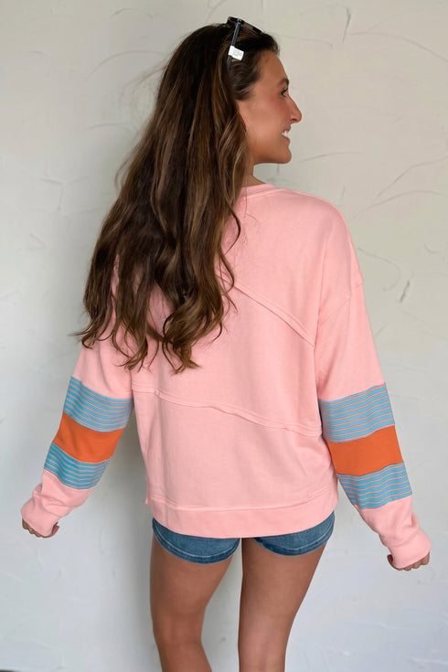 Striped Pattern Patchwork Raw Long Sleeve Top