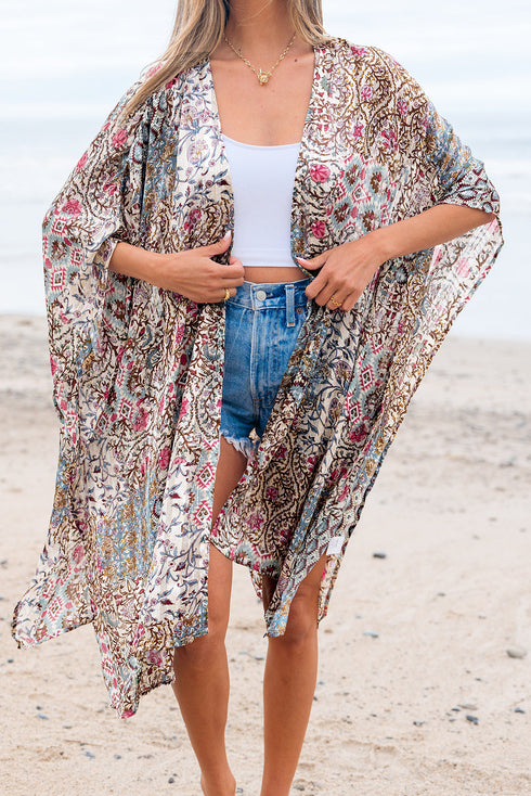 Bohemian Mixed Print Open Front Draped Kimono