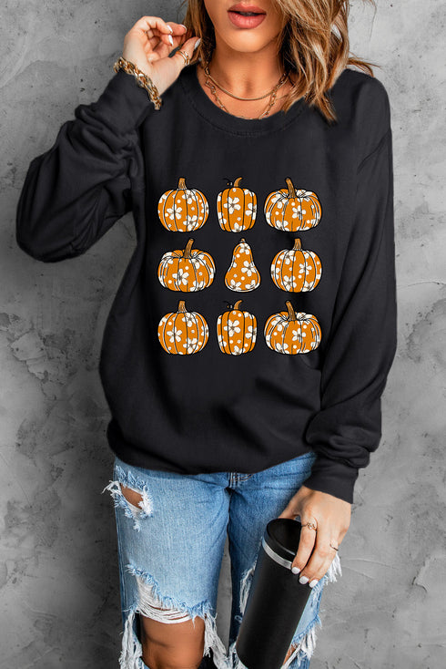 Graphic Floral Pumpkin Crew Neck Pullover Sweatshirt