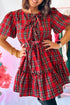 Plaid Knot Neck Short Sleeve Shift Midi Dress