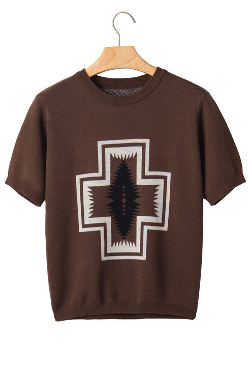Polyester Western Print Short Sleeve Knit Sweater