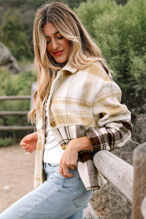 Button Front Patchwork Side Pocket Plaid Shacket