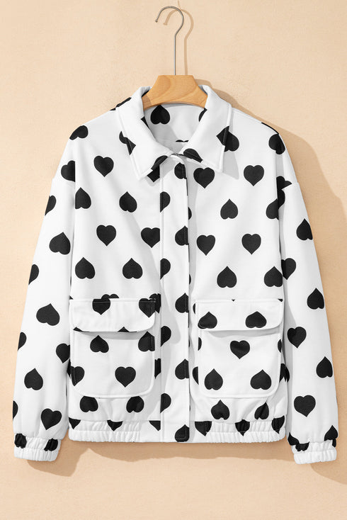 Heart Print Collared Double Flap Pocket Zip Jacket
