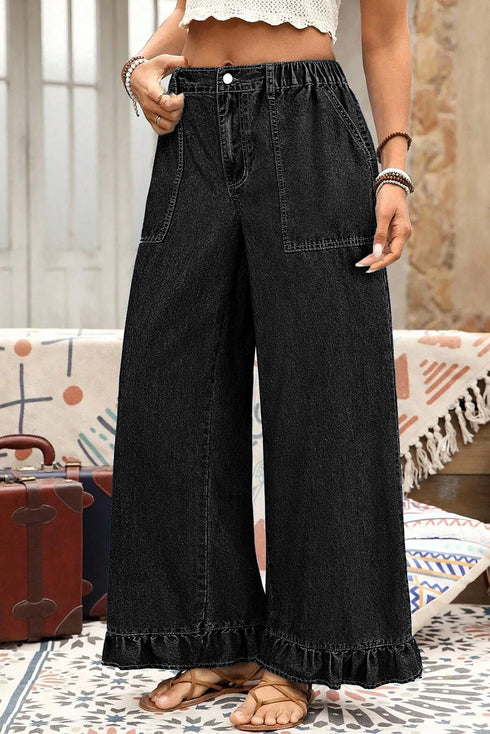 Elastic Waist Ruffled Wide Leg Denim Pants