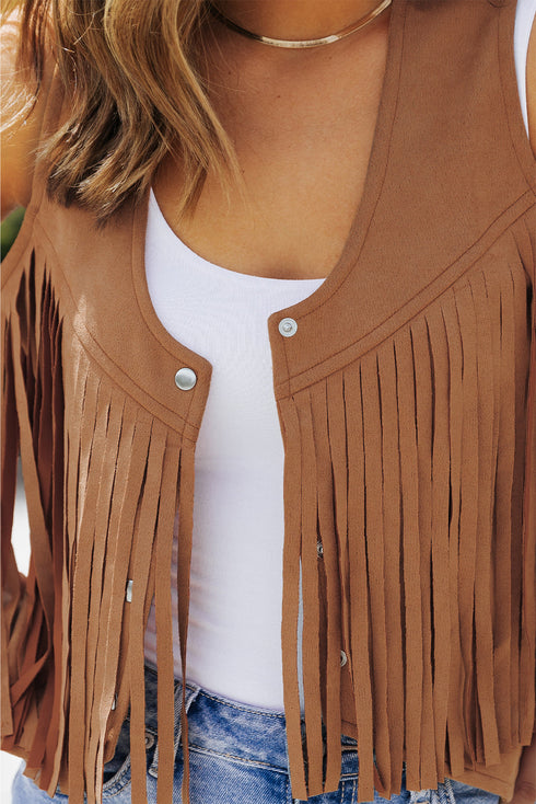 Western Fringed Suedette Faux Leather Snap Button Vest
