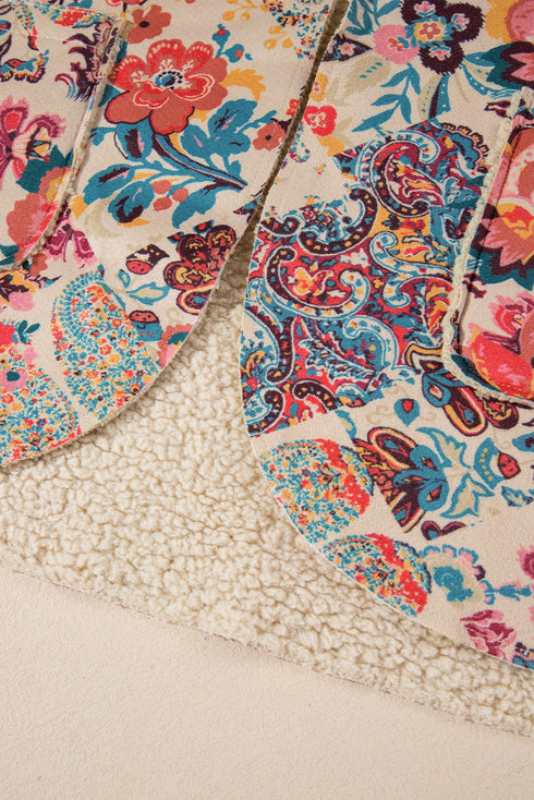 Bohemian Floral Print Sherpa Lined Fleece Hooded Jacket