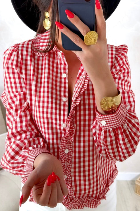 Plaid Frill Detail Long Sleeve Button Down Casual Shirt