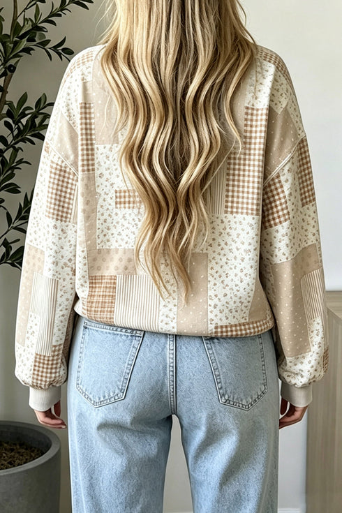 Floral Patchwork Mock Neck Long Sleeve Sweatshirt