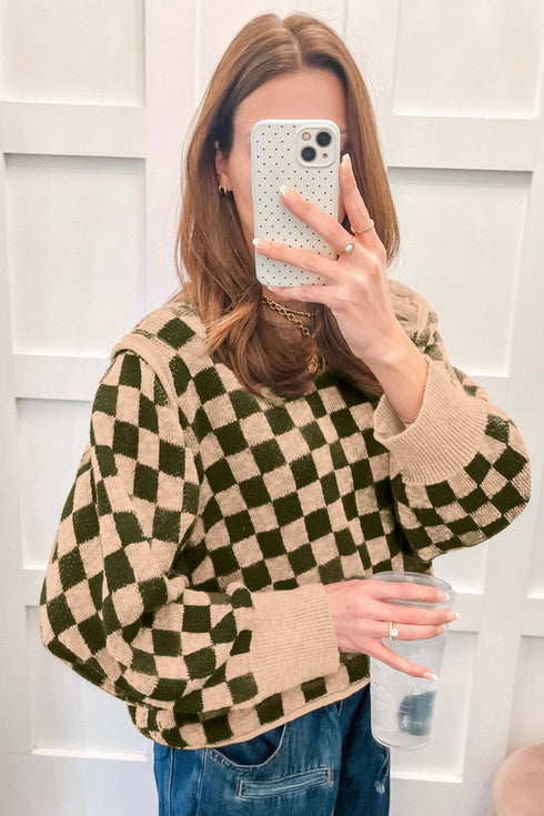Checkered Drop Shoulder Long Sleeve Knit Sweater