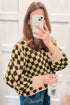 Checkered Drop Shoulder Long Sleeve Knit Sweater
