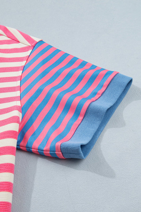 Stripe Print Contrast Patchwork Short Sleeve Loose Tee