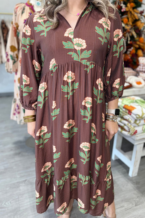 Floral V Neck Long Sleeve Loose Shift Maxi Dress