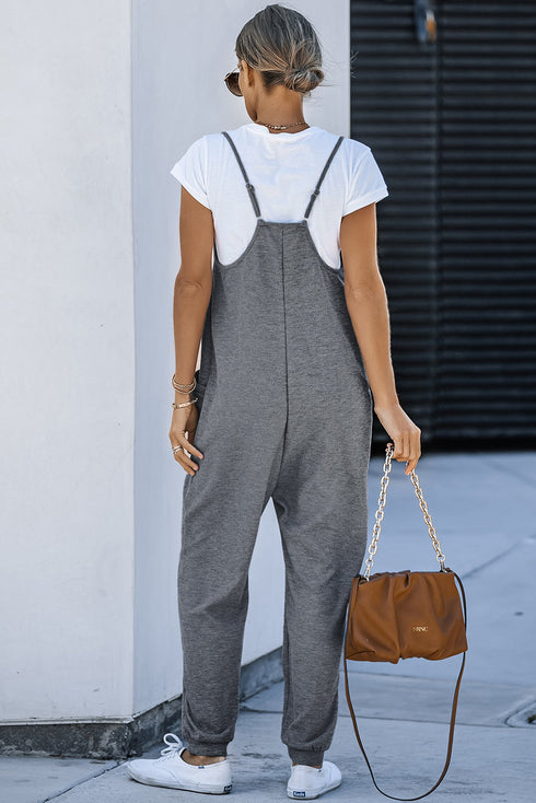 Exclusive Textured Ribbed Sleeveless V Neck Pocketed Jumpsuit