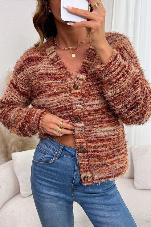 Polyester Fuzzy Striped Pattern Button Front Cardigan