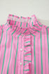 Striped Ruffle Trim Half Button Puff Sleeve Blouse