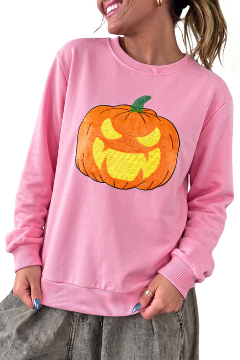 Embroidered Pumpkin Face Long Sleeve Round Neck Sweatshirt