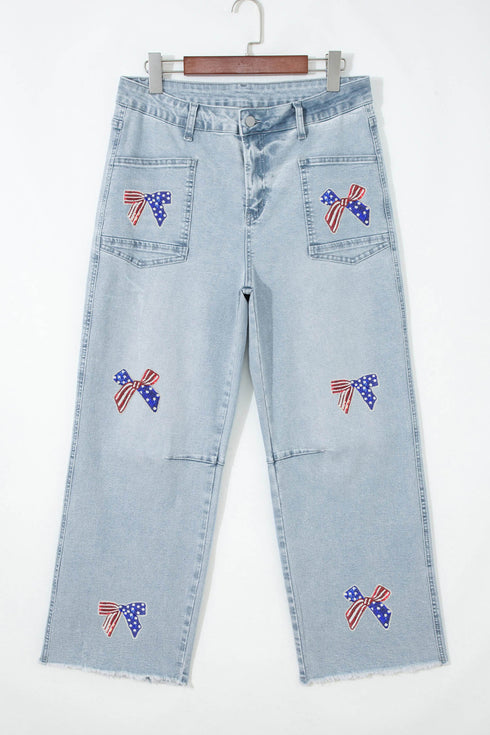 Patriotic Sequin Bow Patched Ankle Length Denim Jeans