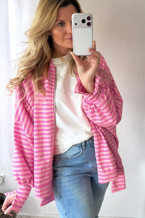 Striped Zip Up Puff Sleeve Jacket Sweatshirt