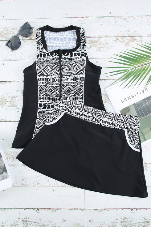 Sleeveless Geometric Print Zip Front Dress