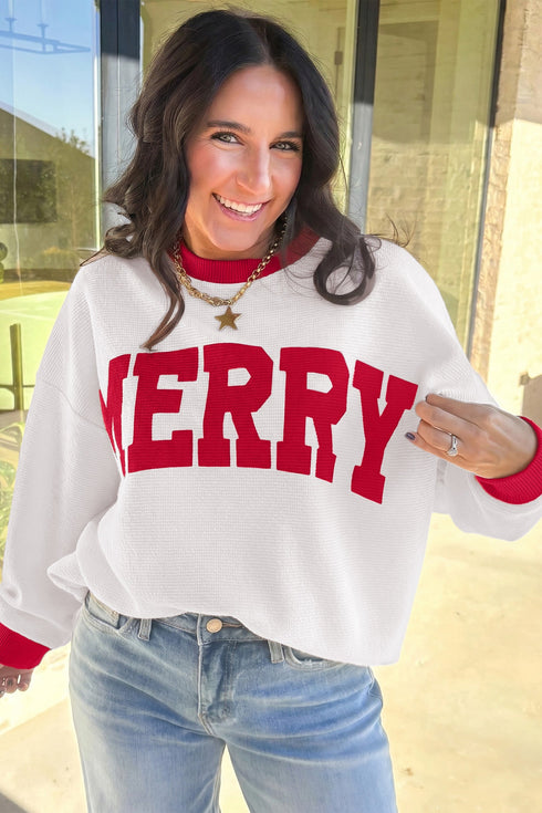 Letter Graphic Waffle Knit Textured Trim Slogan Pullover Sweatshirt