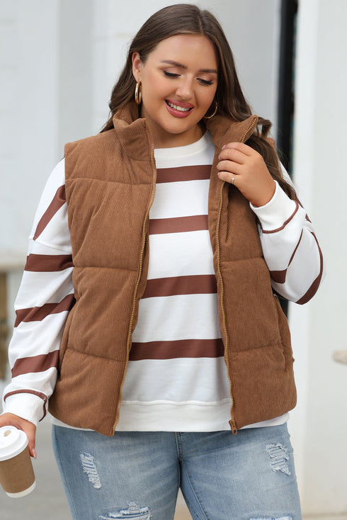 Textured Corduroy Stand Neck Zipped Puffer Vest