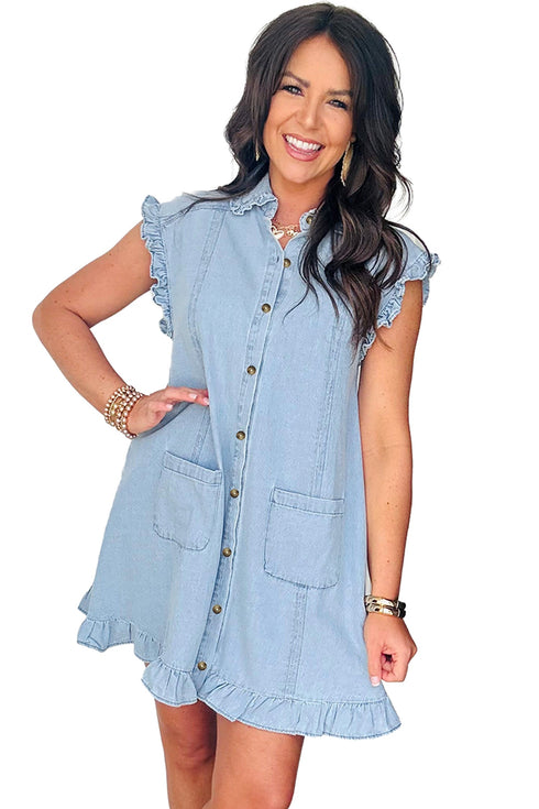 Western Ruffled Edge Collared Denim Shift Mini Dress