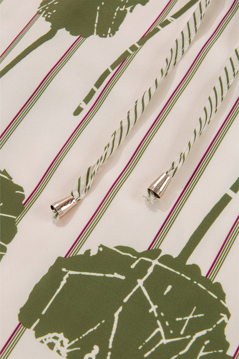 Floral Striped Print Contrast Piping Puff Sleeve Dress