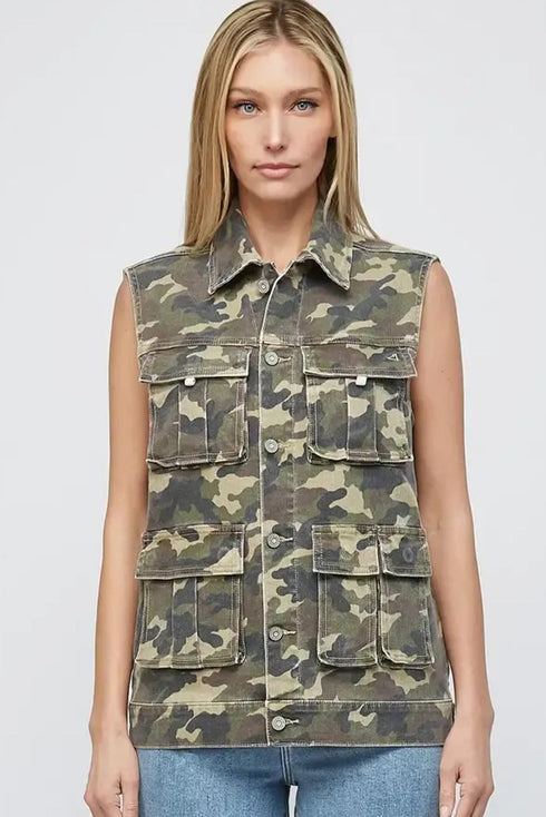 Western Camo Print Cargo Denim Utility Vest