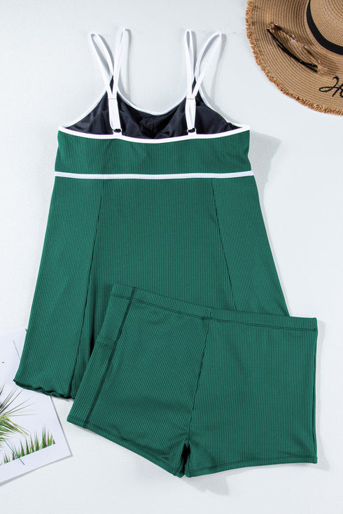 Ribbed Contrast Trim Adjustable Strap Two Piece Swimwear