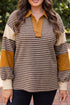 Striped Collar V Neck Long Sleeve Top