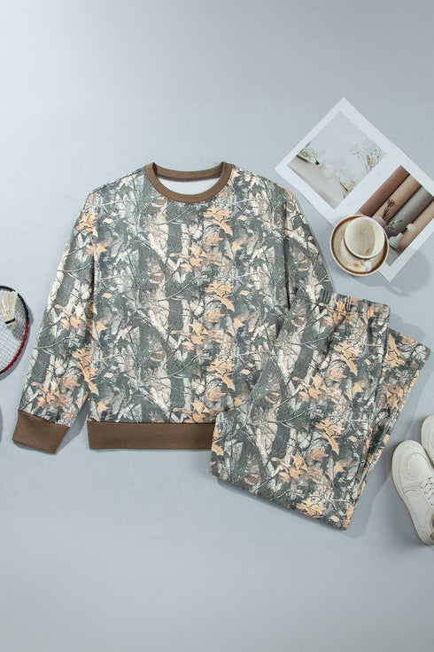 Jungle Camouflage Ribbed Trim Long Sleeve Lounge Set