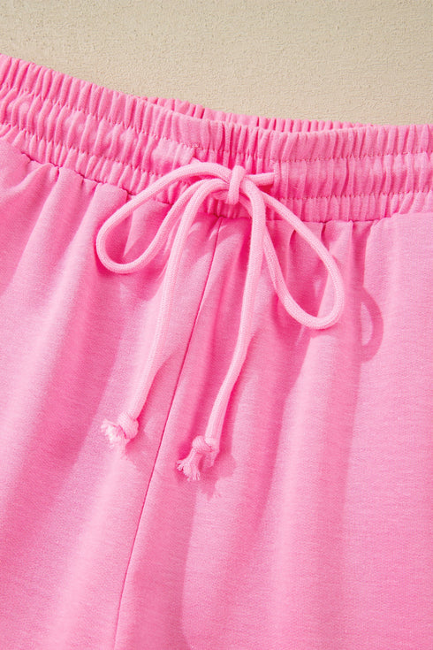 Casual Collared V Neck Tee Drawstring Short Sets