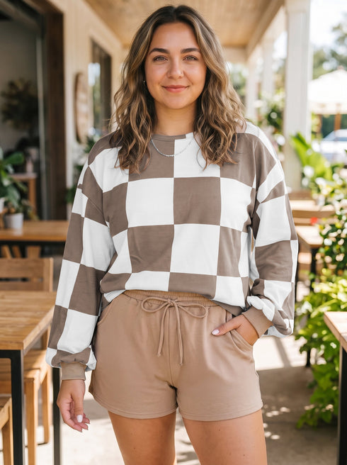 Checkered Long Sleeve Top Unpatterned Coordinated Short Set