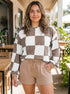 Checkered Long Sleeve Top Shorts Two Piece Loungewear Set