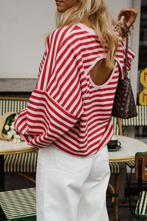 Striped Cutout Open Back Long Sleeve Loose Top