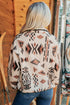 Geometric Print Long Sleeve Shirt Collar Zip Up Placket Binding Tape Jacket