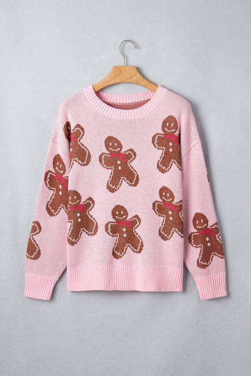 Gingerbread Pattern Round Neck Long Sleeve Shift Sweater