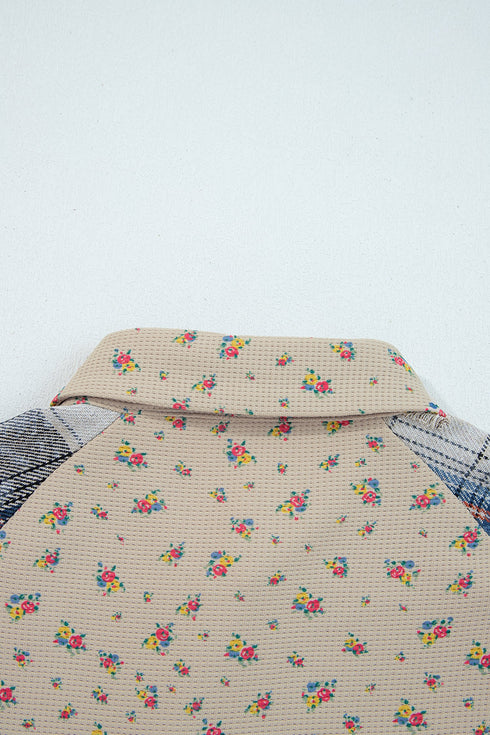 Bohemian Floral Plaid Patchwork Distressed Waffle Knit Shacket
