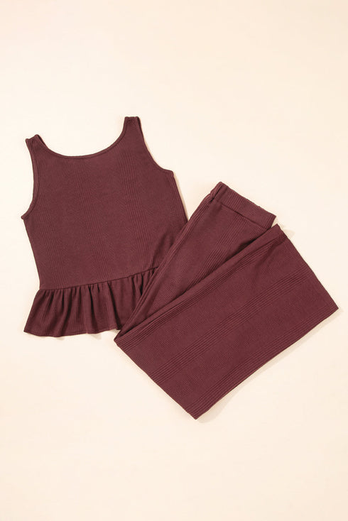 Textured Ribbed Ruffle Tank Top Wide Leg Pant Set