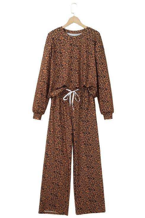 Leopard Print Long Sleeve Top Relaxed Pant Set