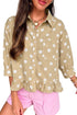 Polka Dot Print Three Quarter Sleeve Ruffle Hem Blouse