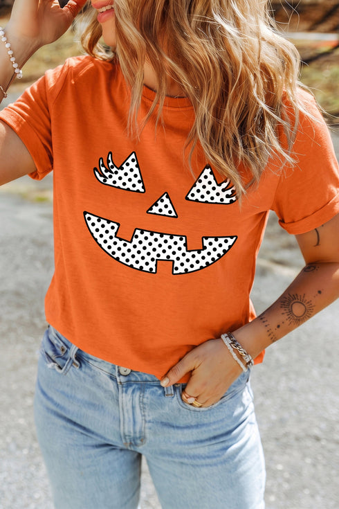 Pumpkin Face Polka Dot Round Neck Graphic Tee