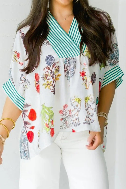 Floral Print Striped Contrast Trim V Neck Half Sleeve Blouse