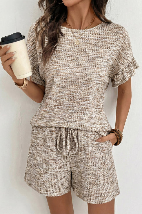Textured Ruffle Sleeve Top And Drawstring Short Sets
