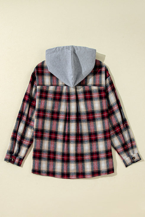 Plaid Print Chest Pocket Button Down Hooded Shacket